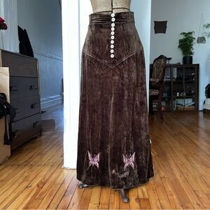 Anna Modeller Brown Velvet Maxi Skirt with Embroidery